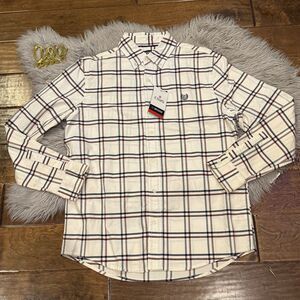 Chaps Go Untucked Mens Shirt Short Sleeve Plaid Cream Size Medium New